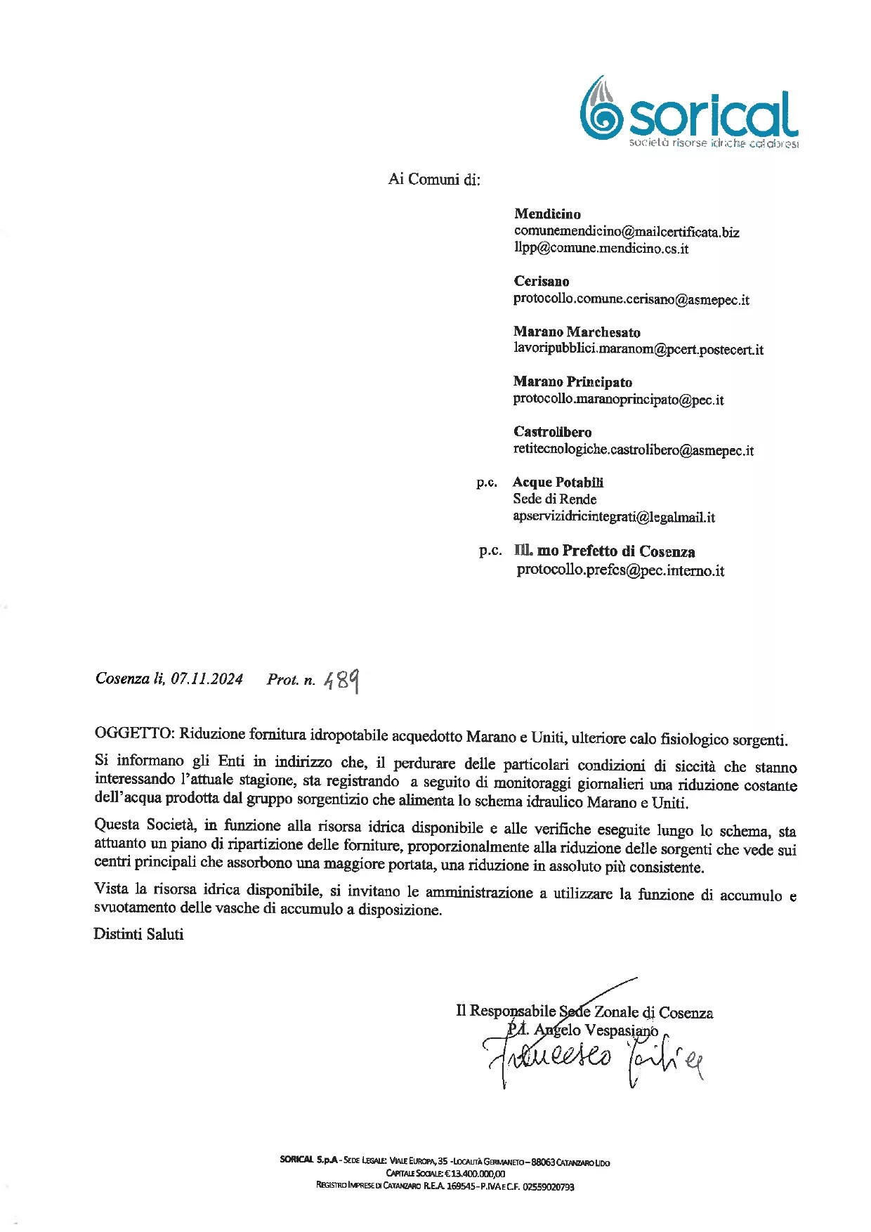 Comunicazione Sorical SpA : Riduzione fornitura idropotabile acquedotto Marano Uniti, ulteriore calo fisiologico sorgenti